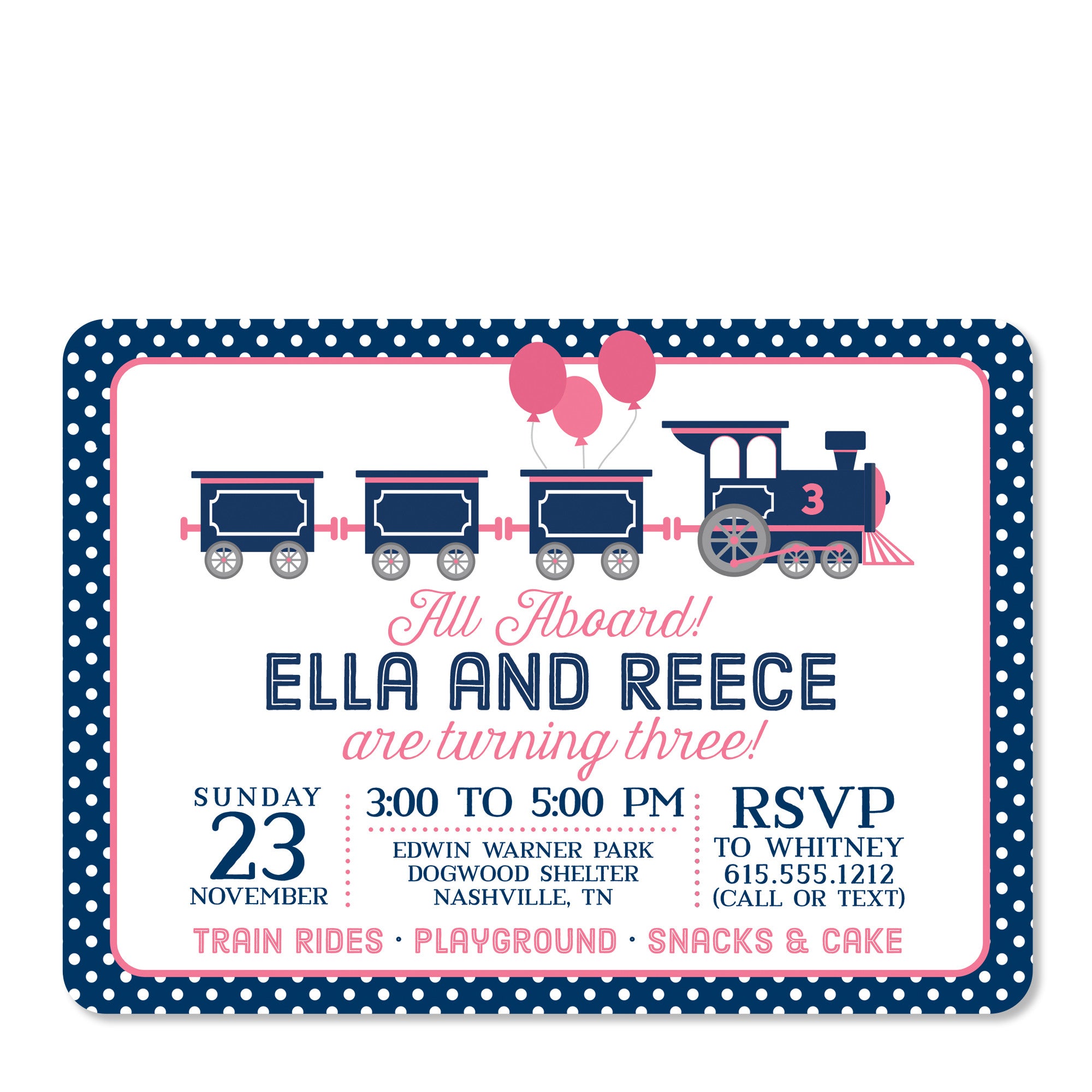 Train Birthday Invitation, Pink and Blue for twins | Pipsy.com (front view)
