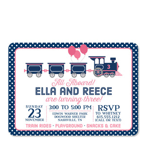 Train Birthday Invitation, Pink and Blue for twins | Pipsy.com (front view)