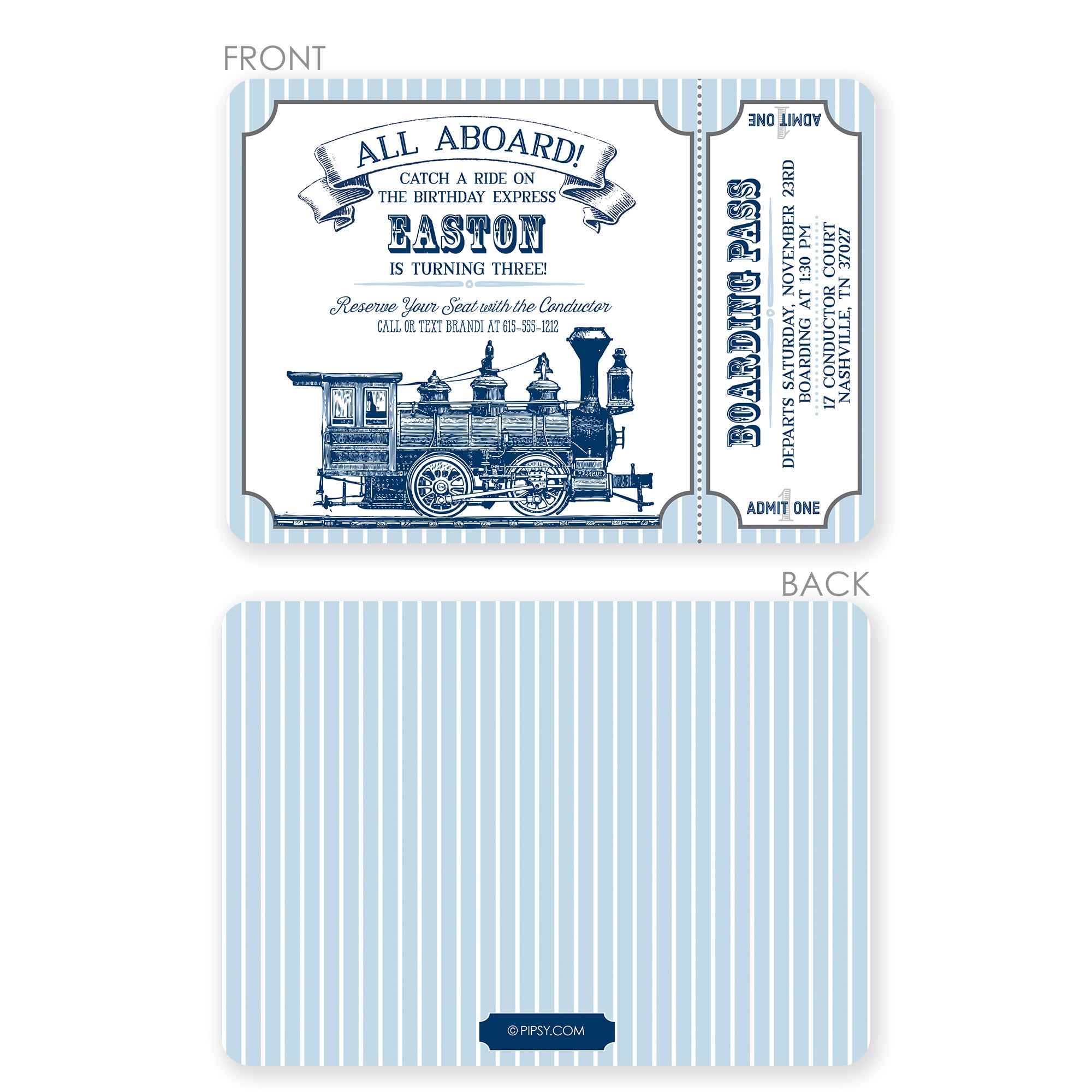 Front and back view of Vintage Train Birthday Invitation | Pipsy.com | Blue, printed on thick cardstock with 2 sided printing