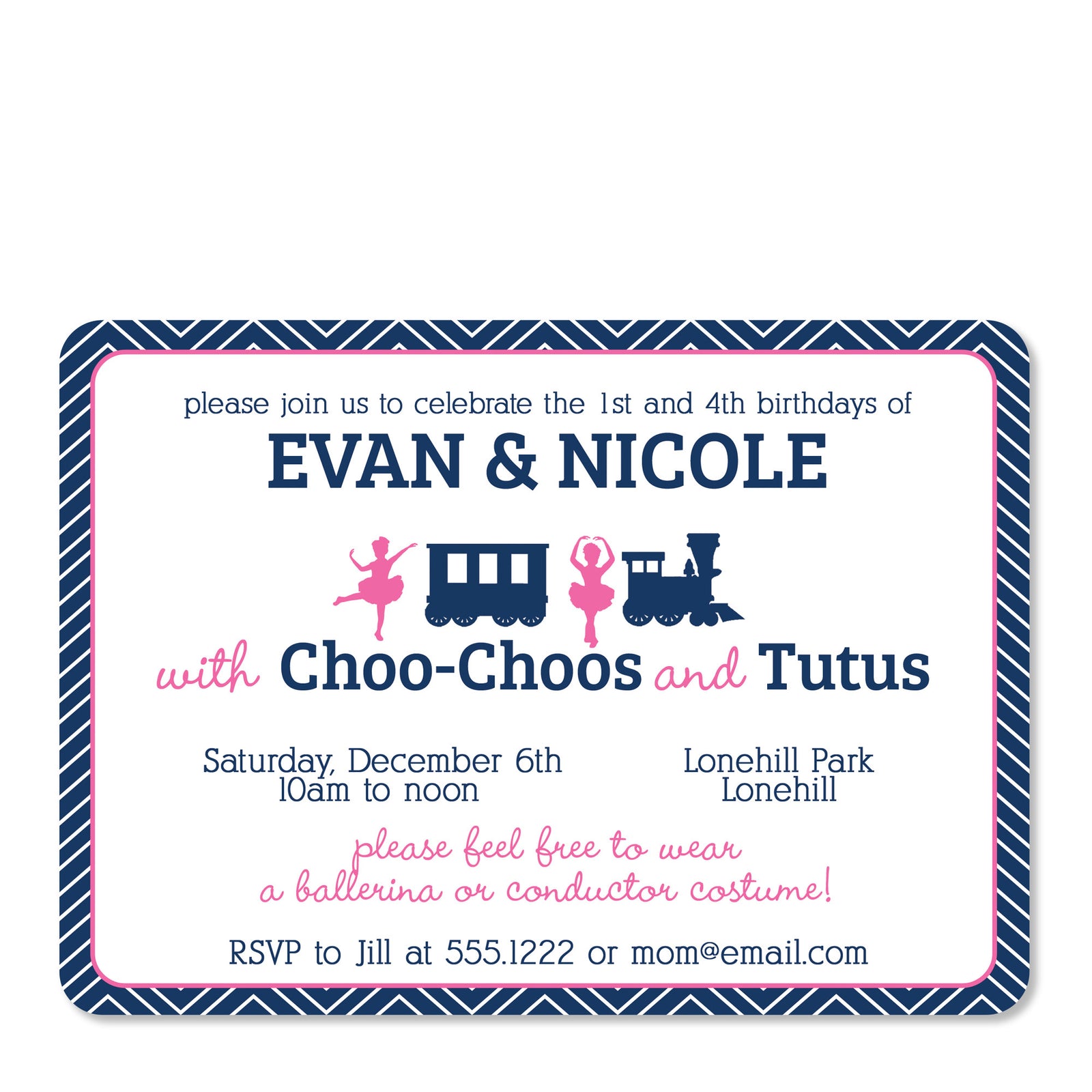 Trains & Tutus Joint Birthday Invitation | Pipsy.com | Blue & Pink