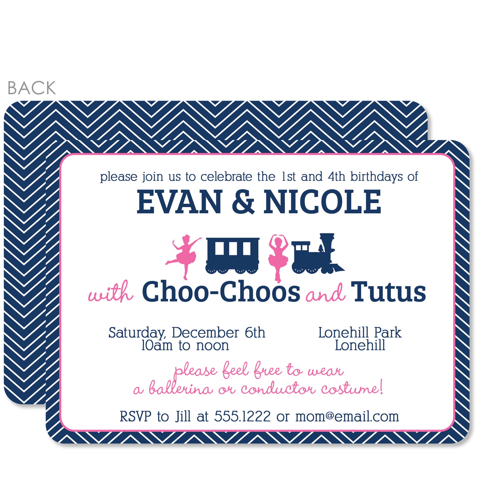 Trains & Tutus Joint Birthday Invitation | Pipsy.com | Blue & Pink