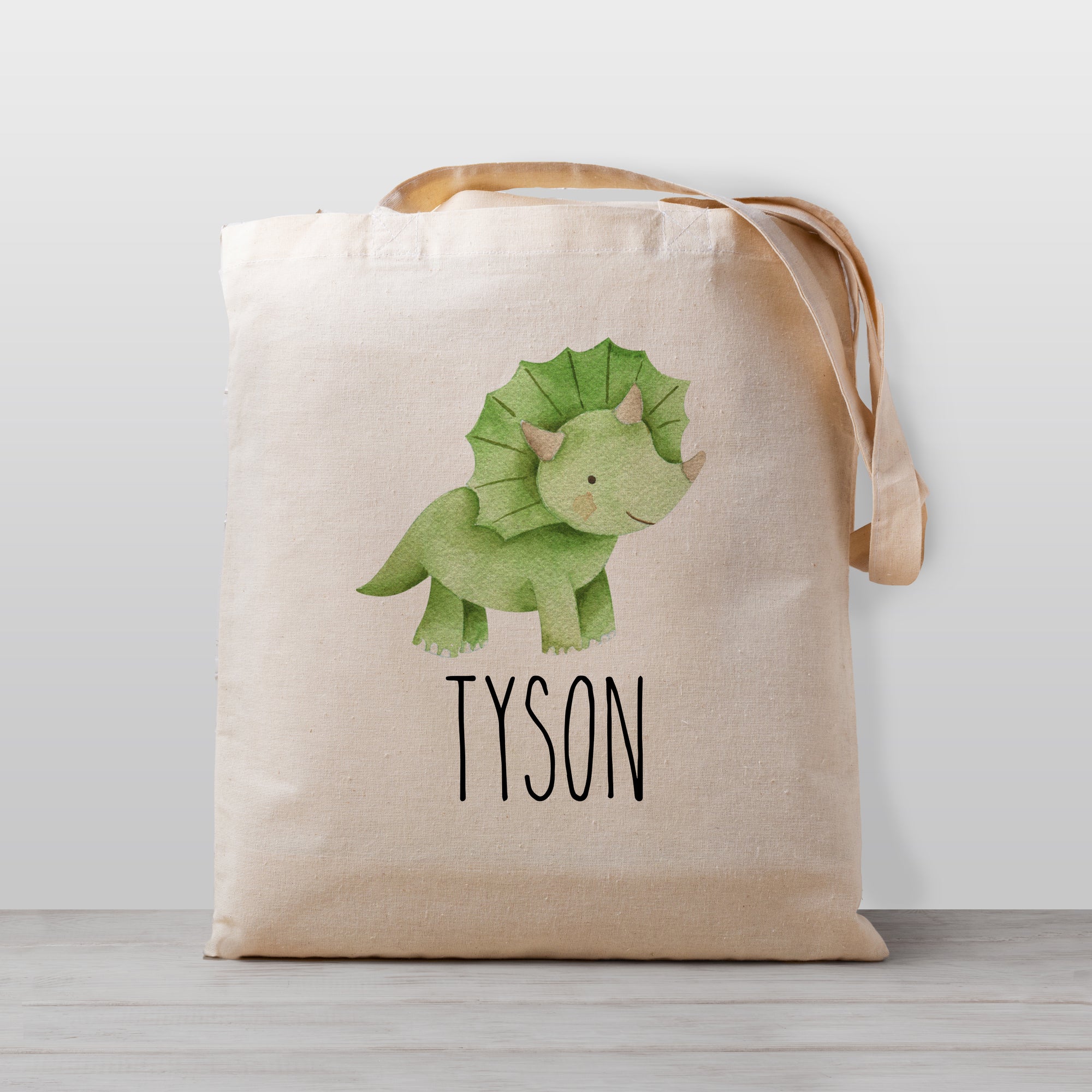 Kids Personalized dinosaur tote bag with a triceratops, 100% natural cotton canvas