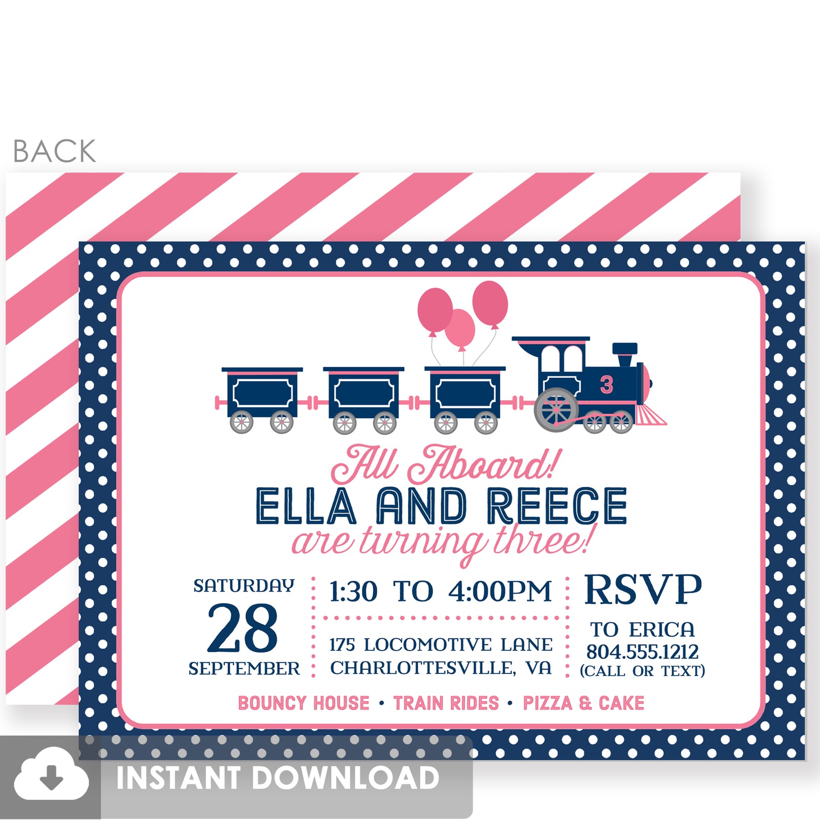 Twin Train Birthday Invitations | Pink and Blue Instant Download | Templett Invitation | PIPSY.COM
