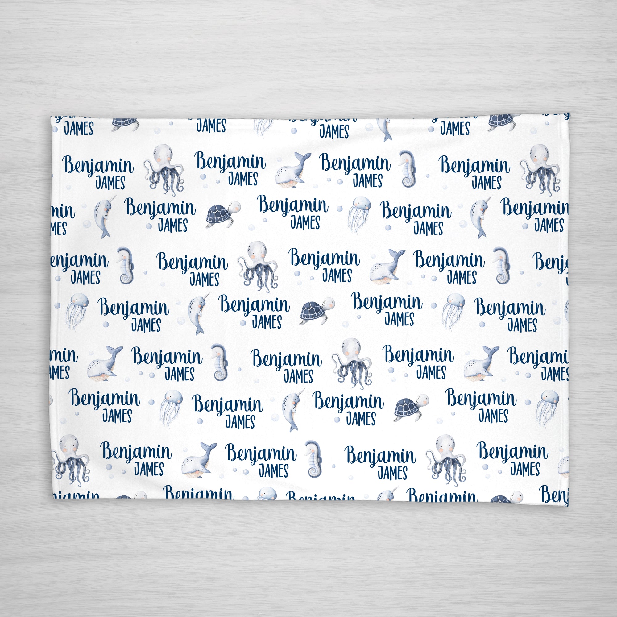 Under the Sea Baby Name Blanket iwth an octopus, whale, narwhal, sea turtle and jellyfish, Pipsy.com