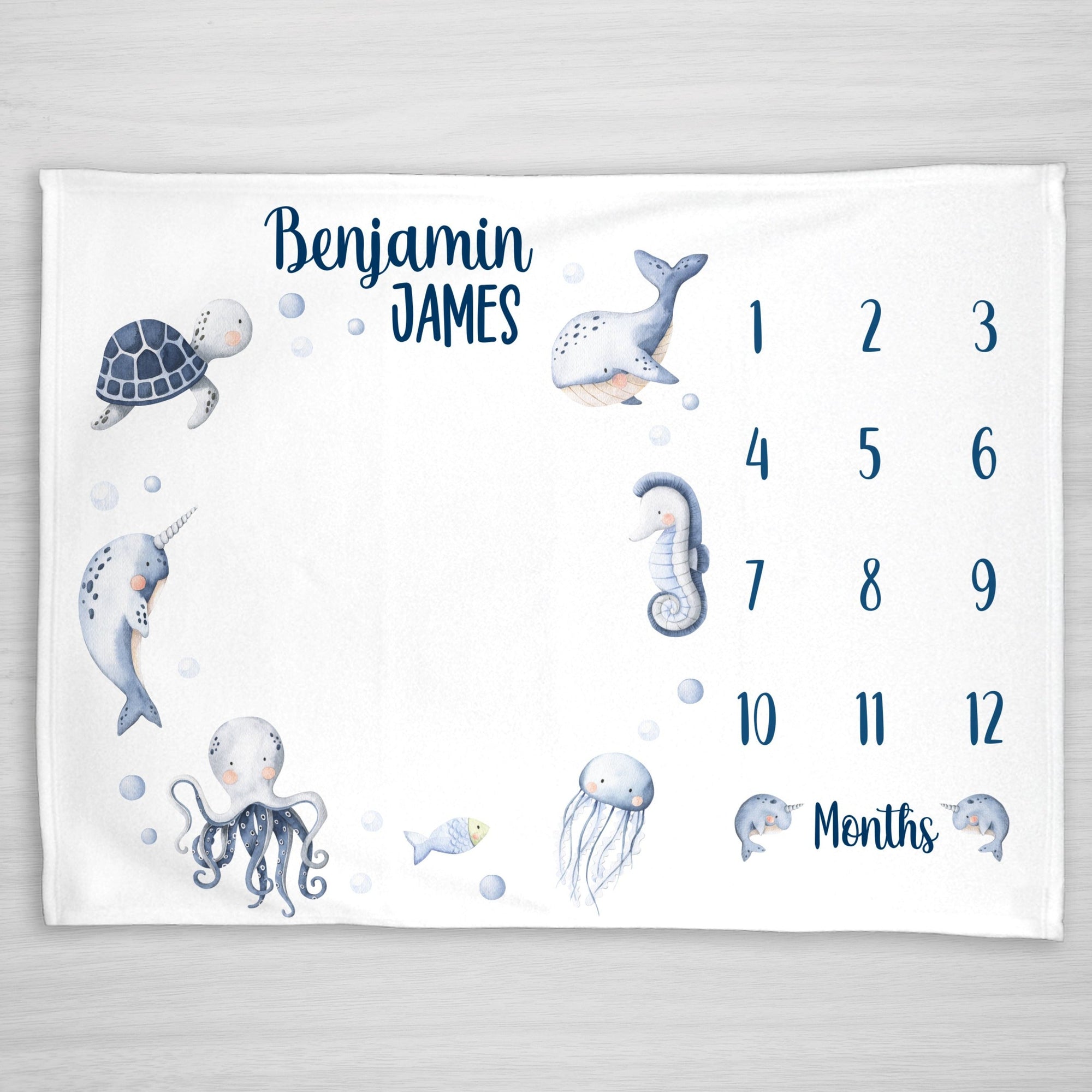 Under the Sea Nautical Milestone Baby Blanket, Personalized with whale, octopus, narwhal, and sea turtle, Pipsy.com