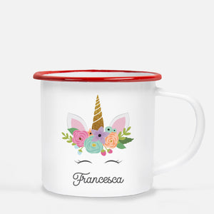 Unicorn Personalized Metal Camp Mug, Personalized with a red lip rim