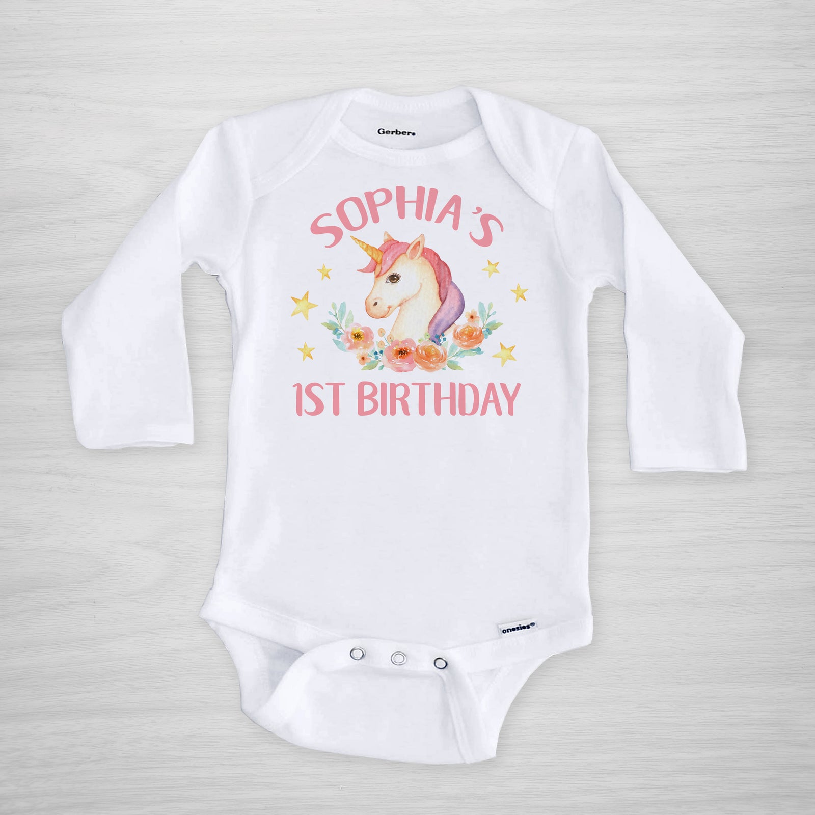 Unicorn first birthday personalized Gerber Onesie®, short sleeved