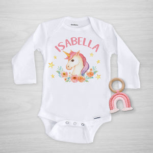 Unicorn Personalized Gerber Onesie with flowers, long sleeved, Pipsy.com