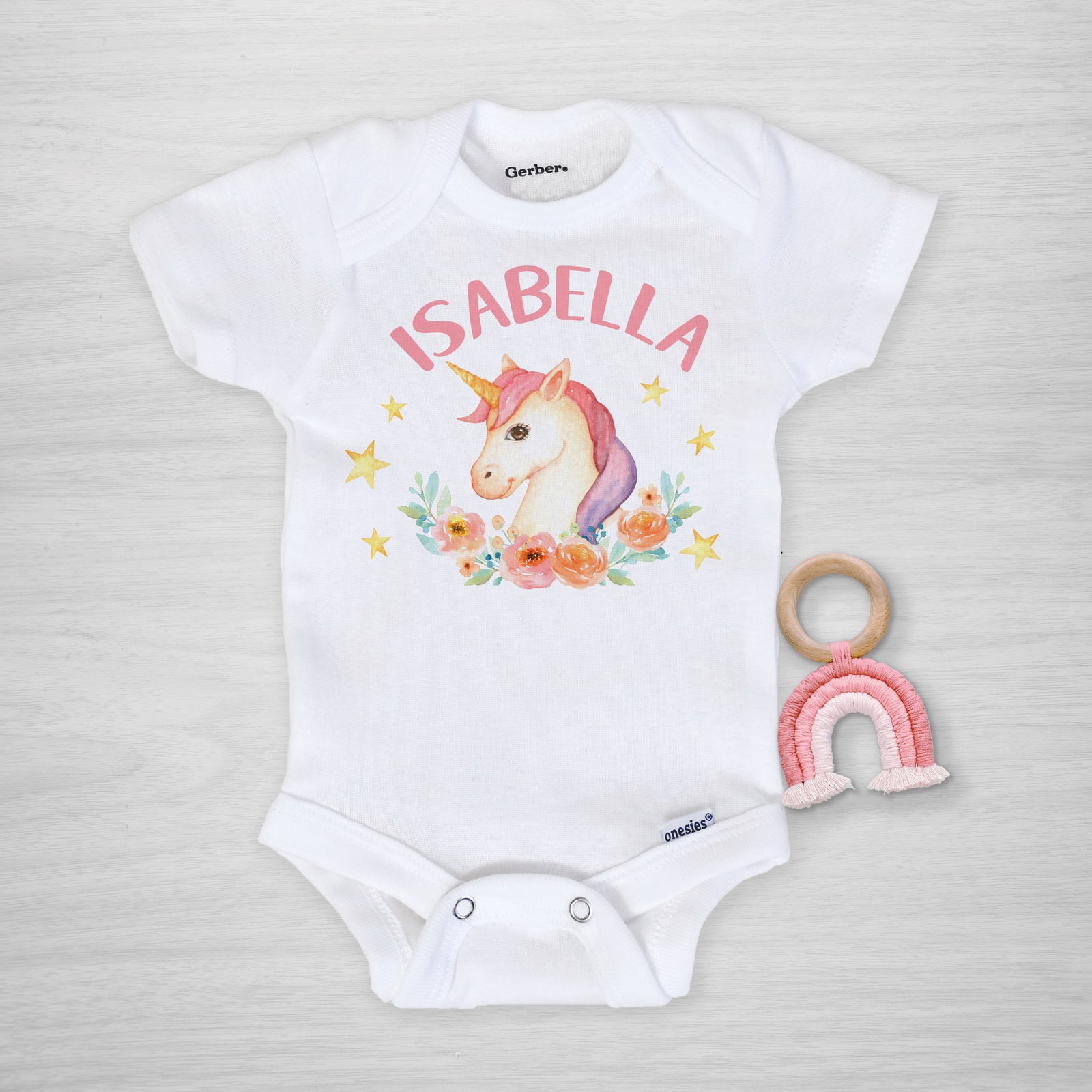 Unicorn Personalized Gerber Onesie with flowers, short sleeved, Pipsy.com