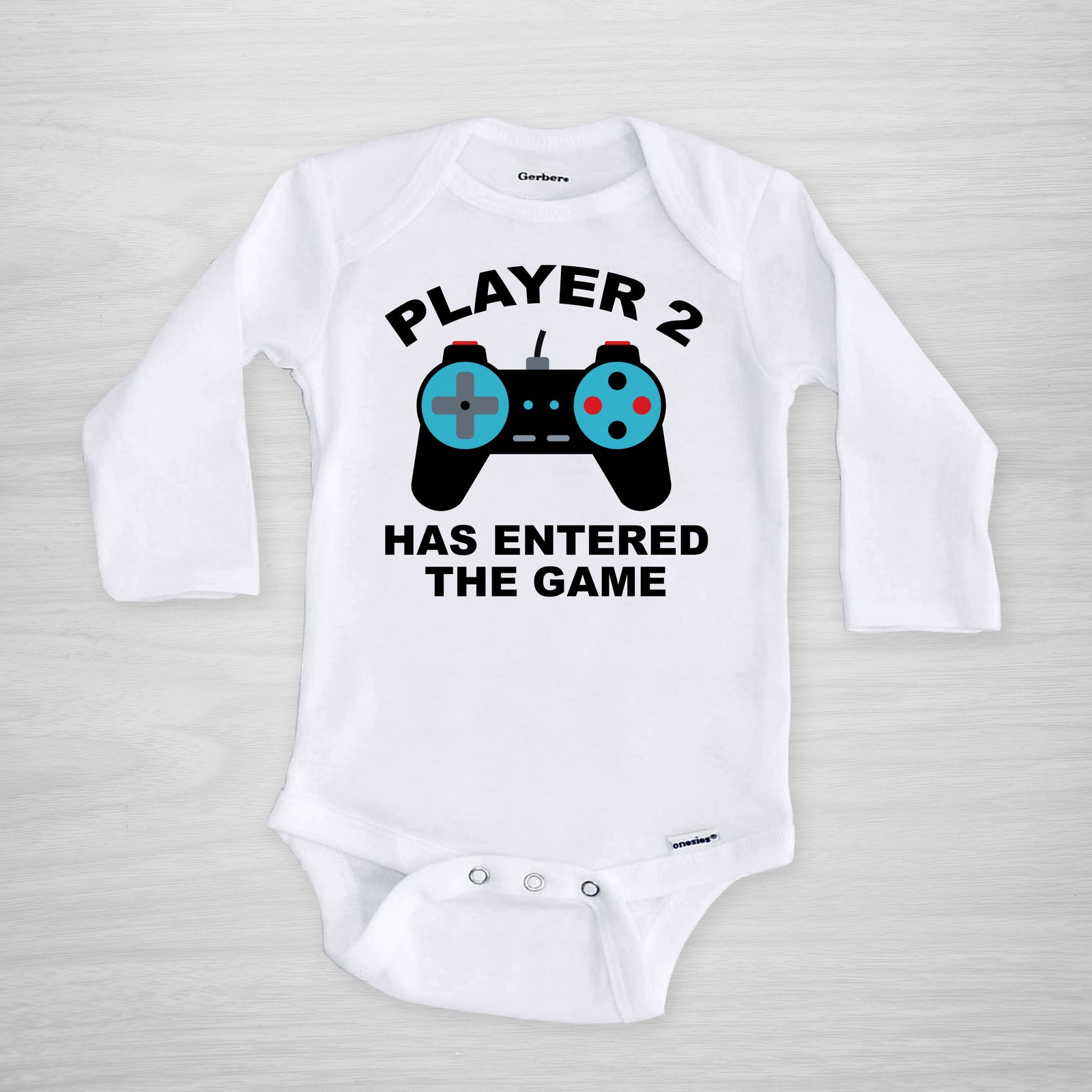 Player 2 has entered the game Onesie, Video game controller funny pregnancy announcement, blue, short sleeved