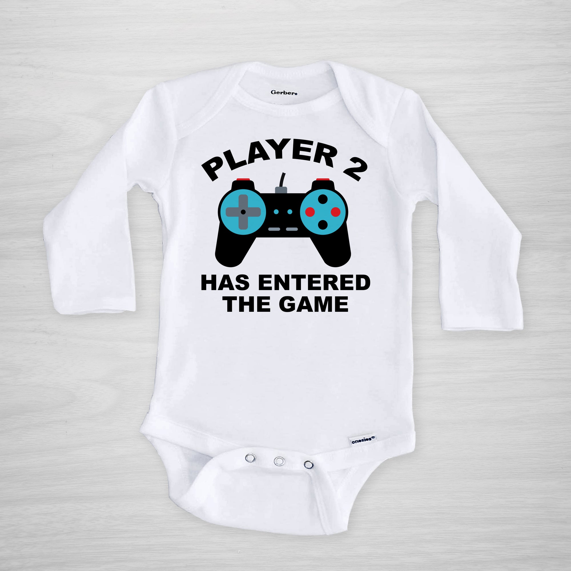 Player 2 has entered the game Onesie, Video game controller funny pregnancy announcement, blue, short sleeved