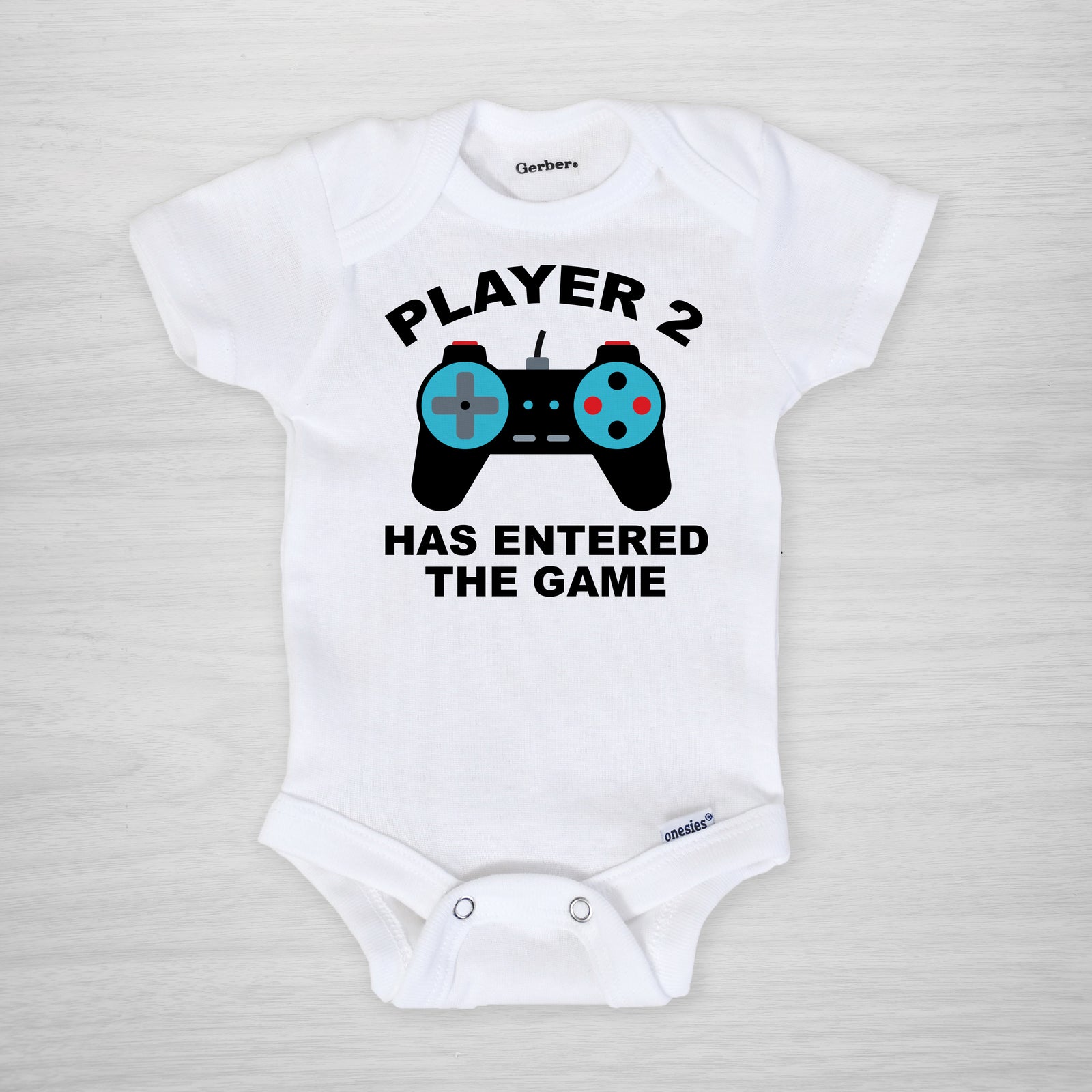 Player 2 has entered the game Onesie, Video game controller funny pregnancy announcement, blue, short sleeved