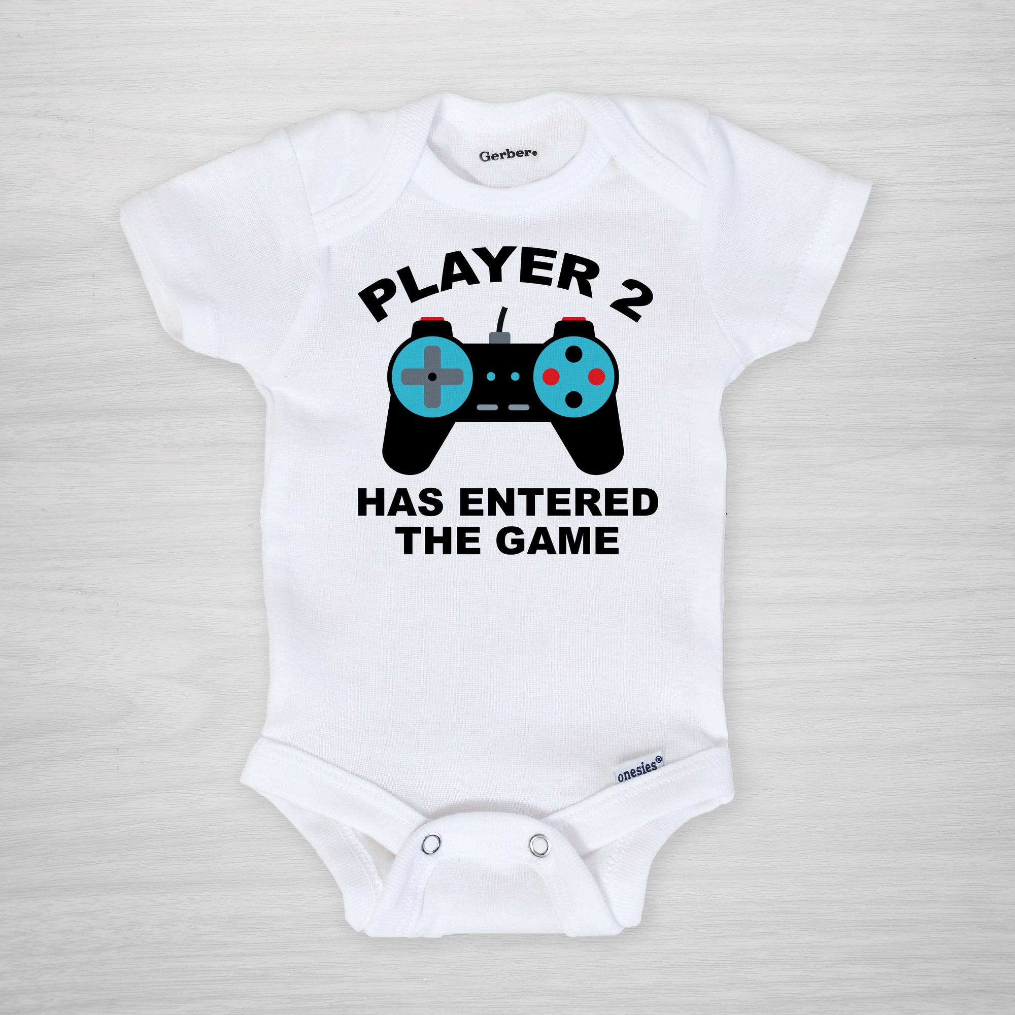 Player 2 has entered the game Onesie, Video game controller funny pregnancy announcement, blue, short sleeved