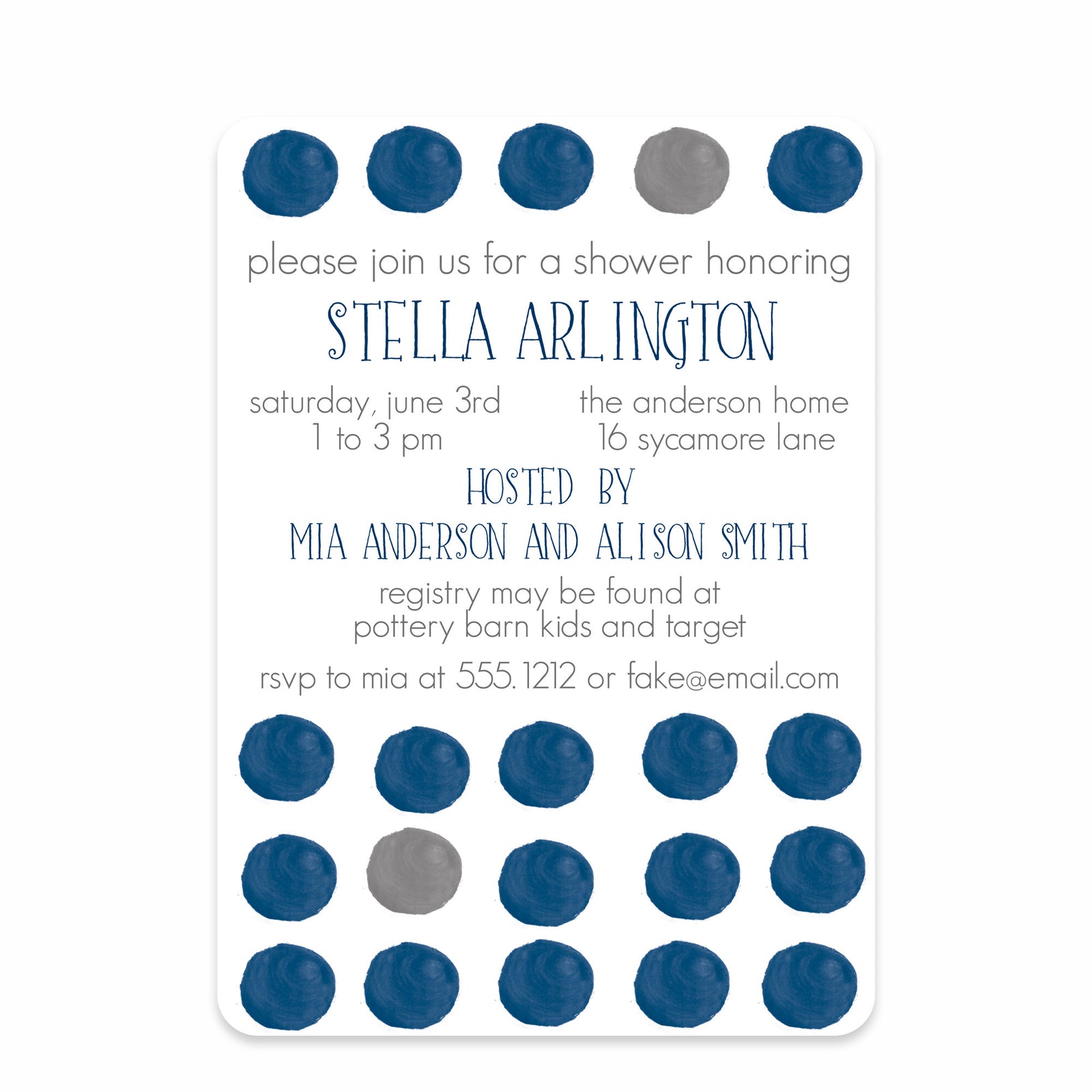 Dark Blue Watercolor Dots Baby Shower Invitation