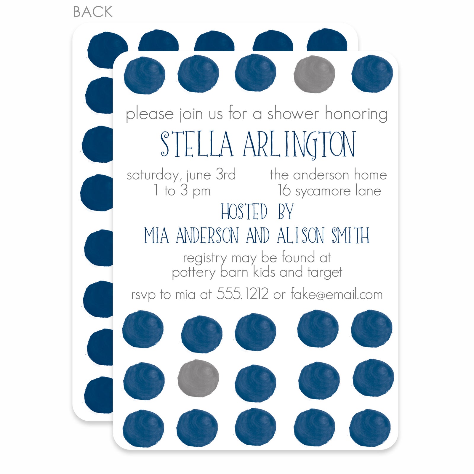 Dark Blue Watercolor Dots Baby Shower Invitation