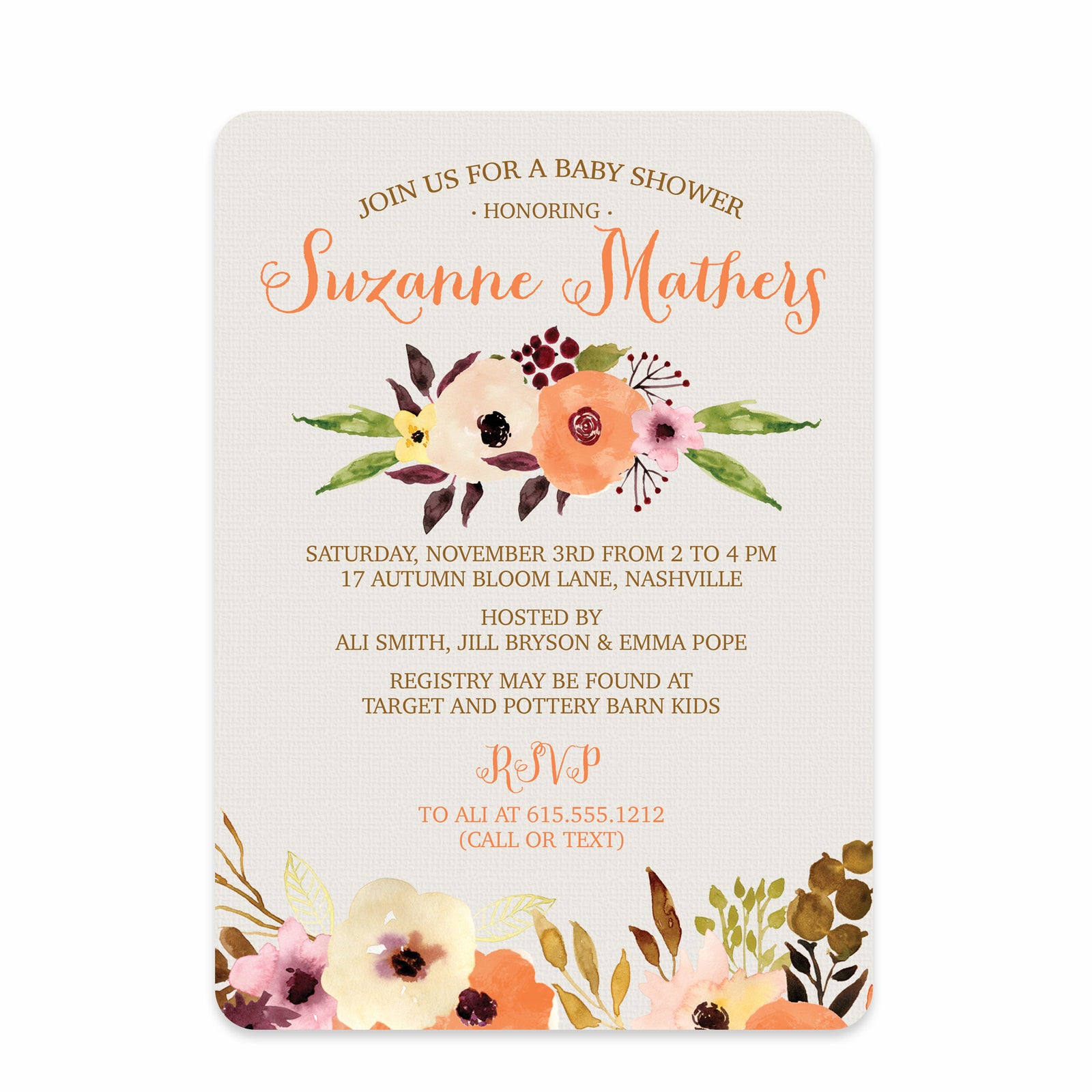Watercolor Floral Baby Shower Invitations from Swanky Press