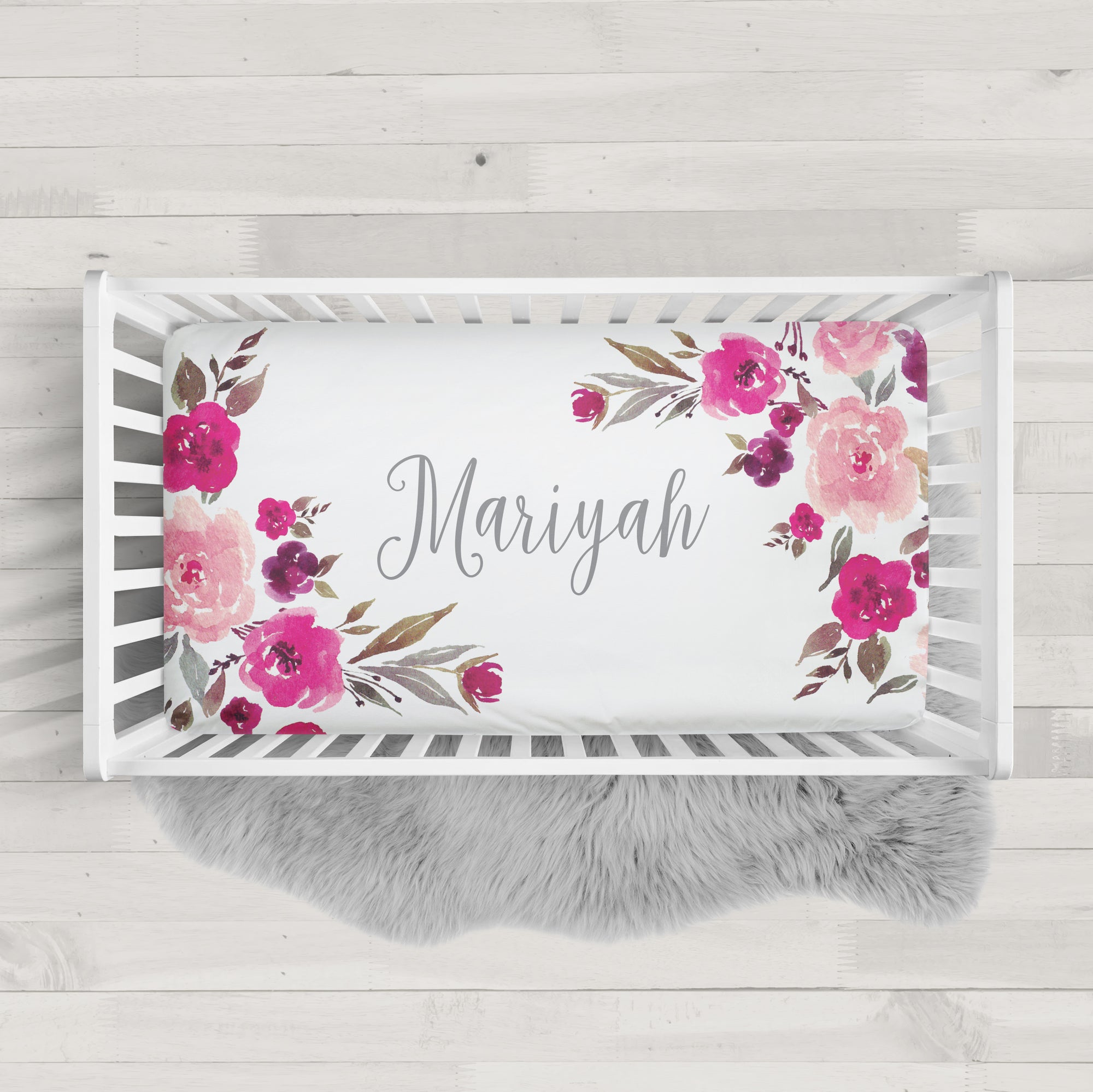 Personalized Crib Sheet with Pink Watercolor Flowers | PIPSY.COM
