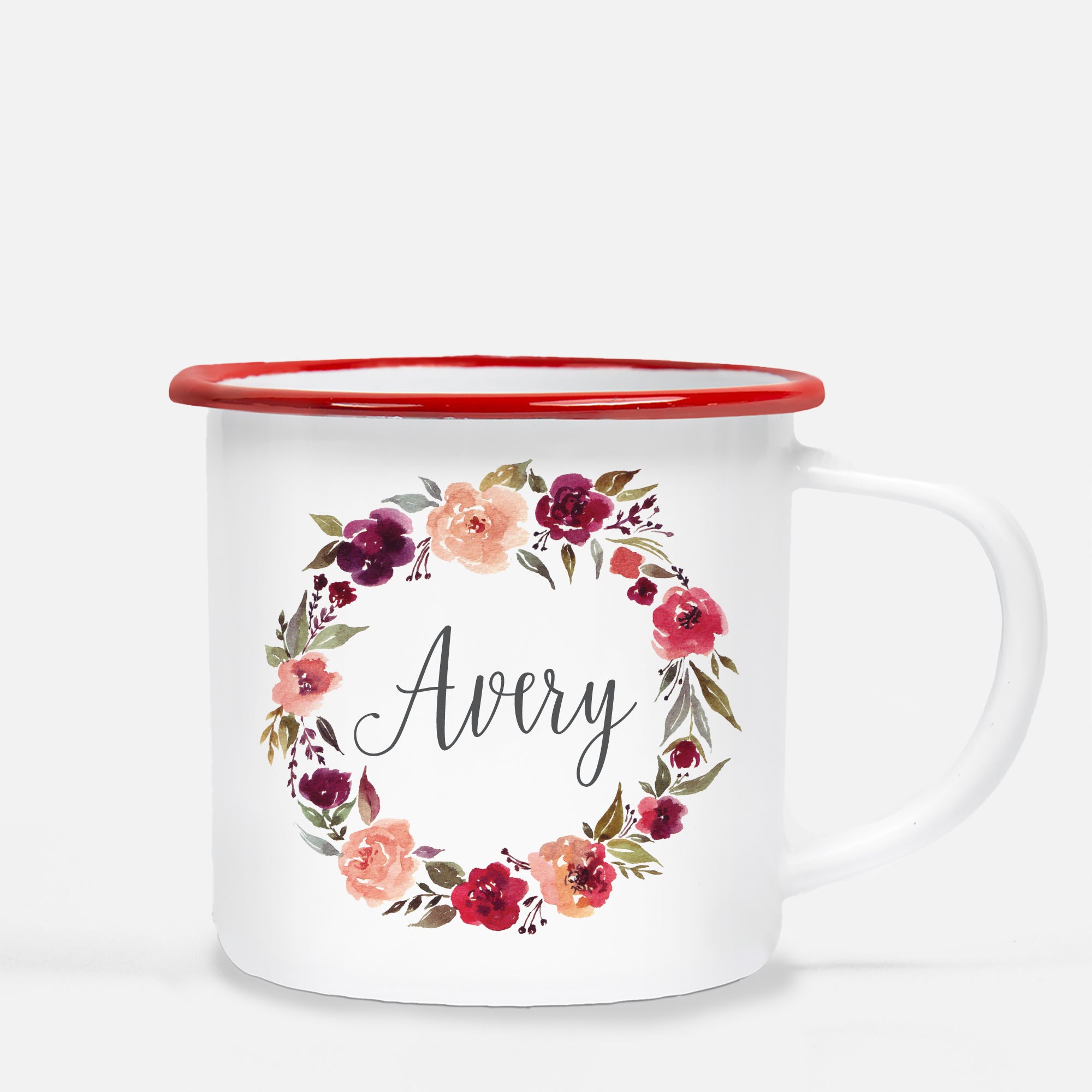Water color wreath with beautiful scripted name in the center on a metal camp mug. Red Lip