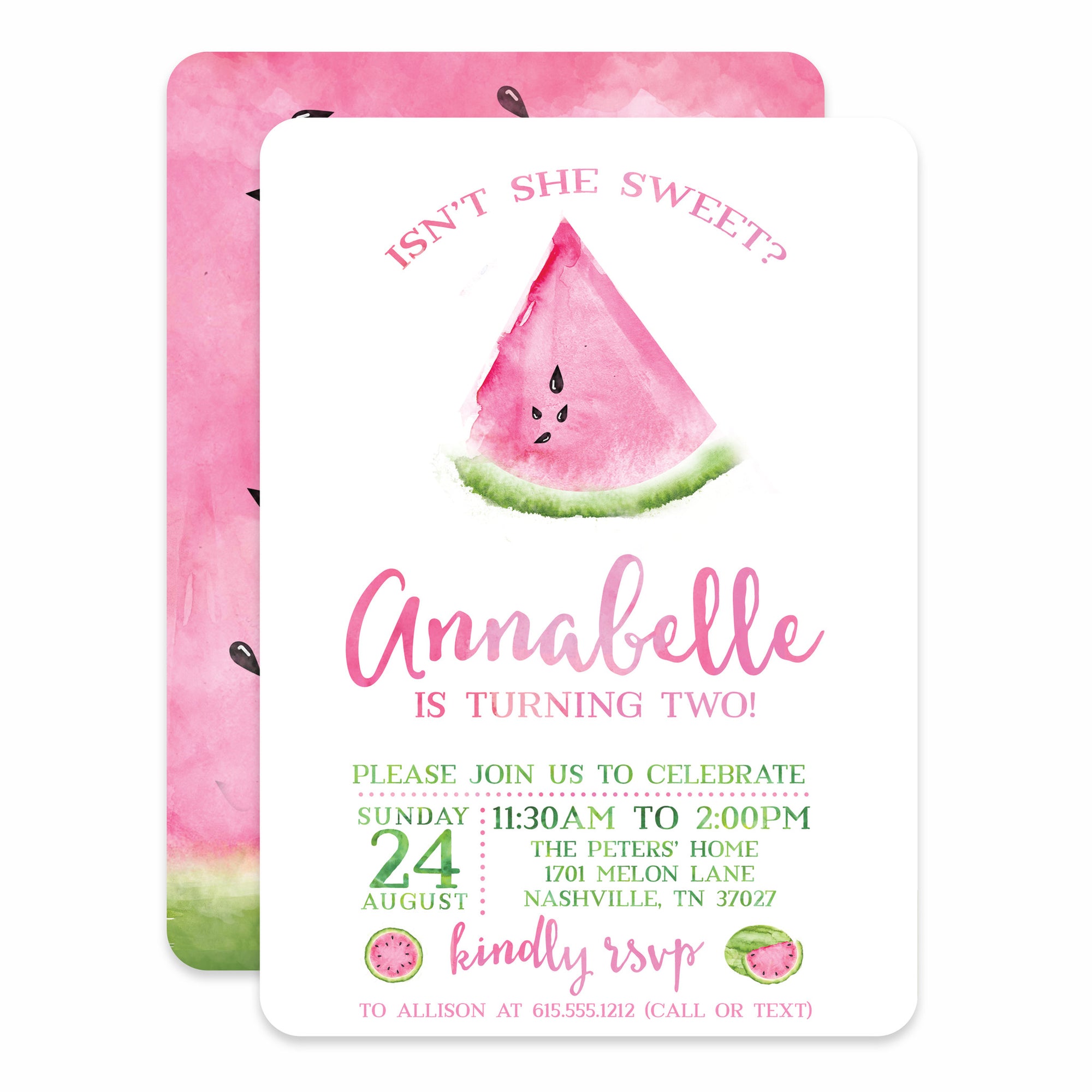 Watermelon Birthday Invitation, featuring a pink watermelon watercolor slice, printed on heavy cardstock, pipsy.com