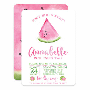 Watermelon Birthday Invitation, featuring a pink watermelon watercolor slice, printed on heavy cardstock, pipsy.com