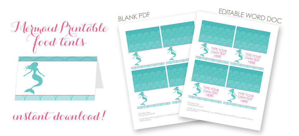 Mermaid Printable Food Tents for instant download