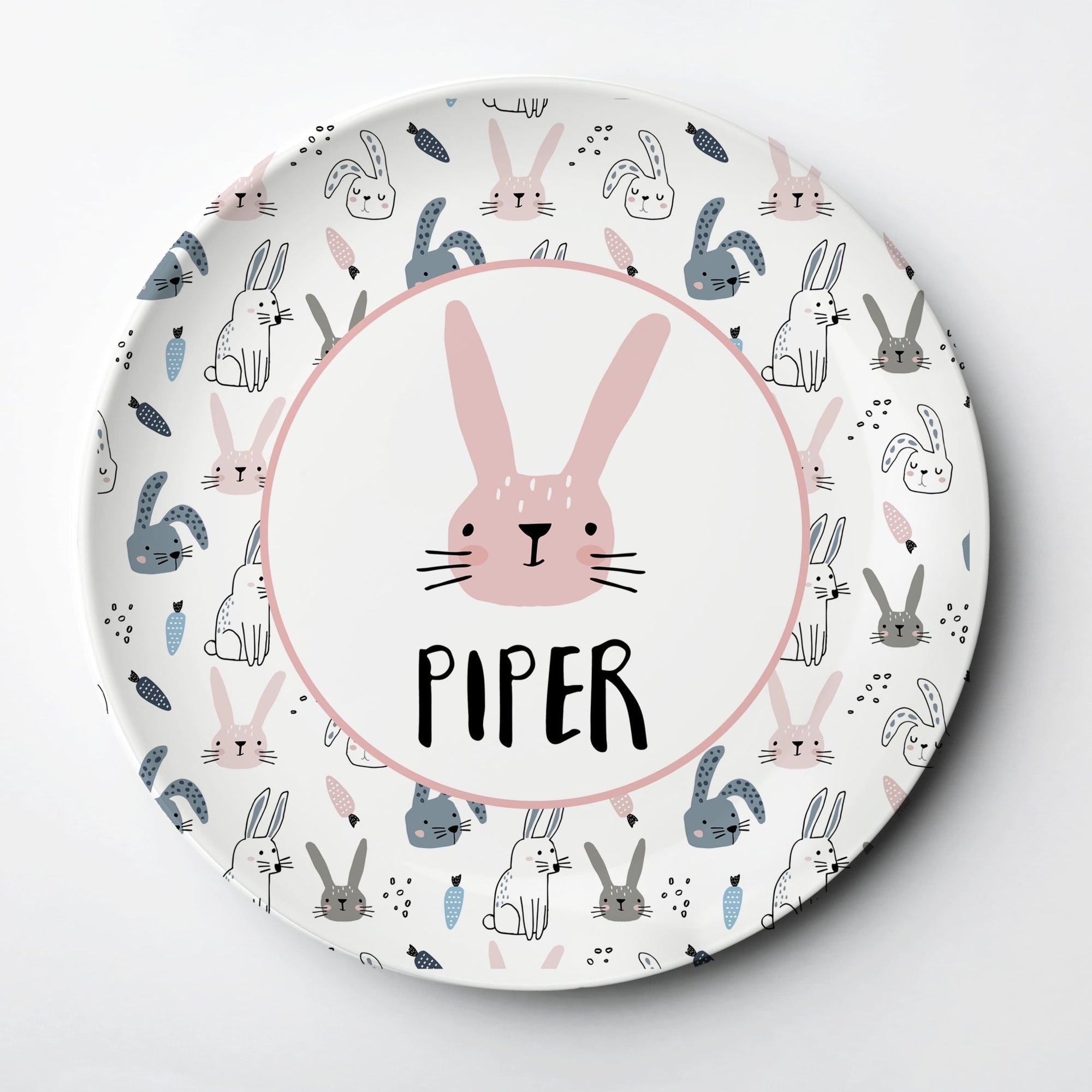 Modern Easter Kid's Plate, Personalized with whimsical bunnies and carrots, pink