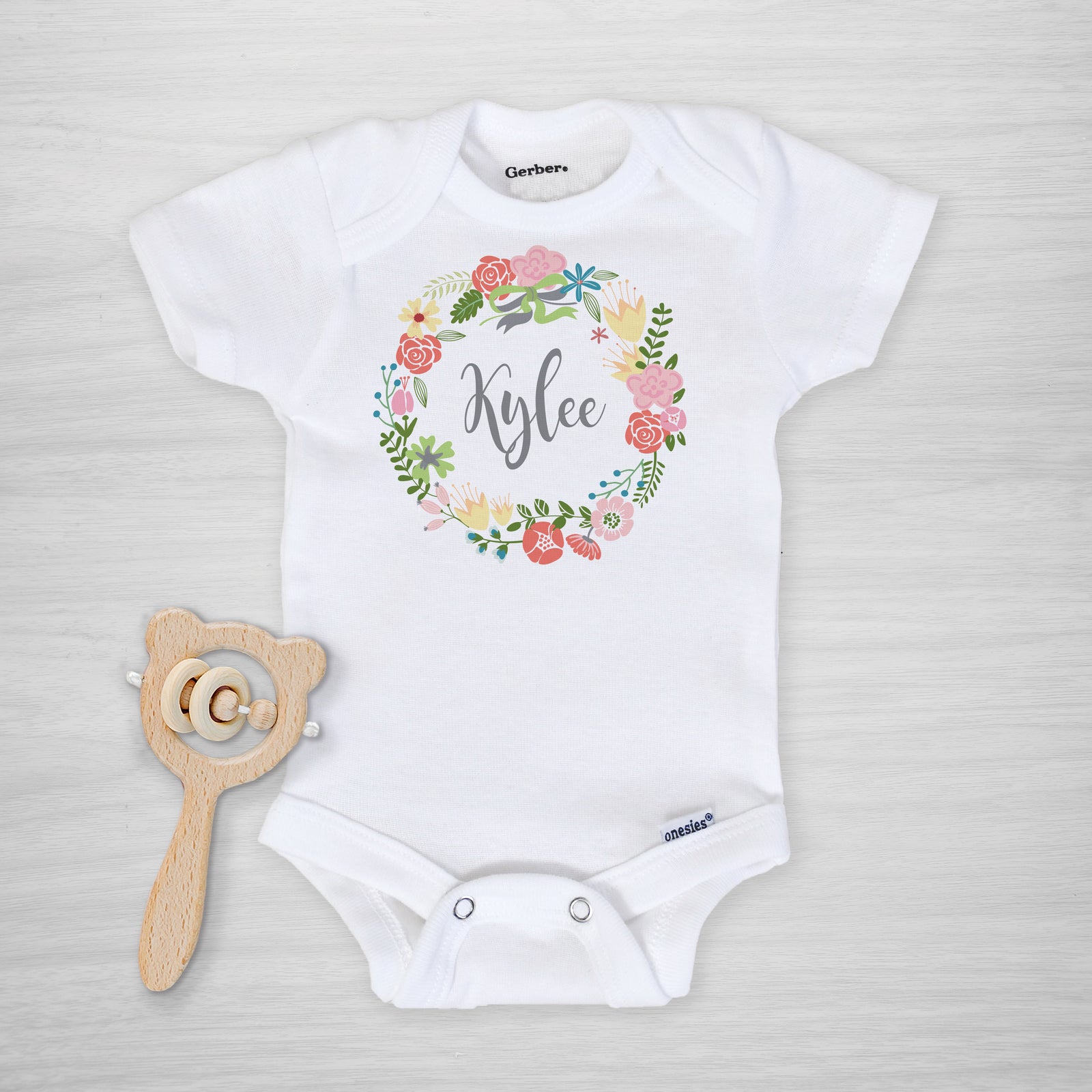 Wildflower Wreath Personalized Onesie, long sleeved