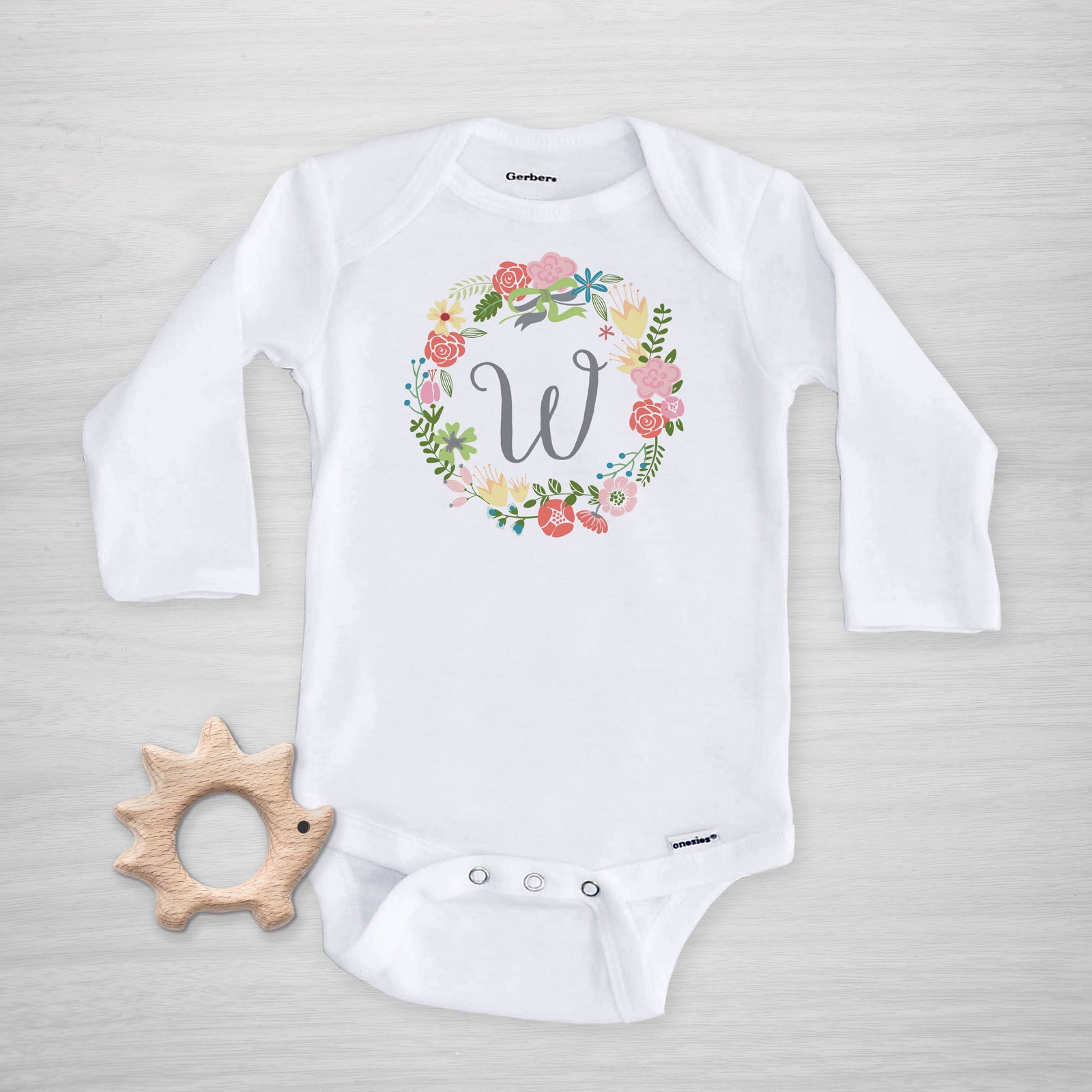 Wildflower Wreath Initial Personalized Gerber Onesie, short sleeved
