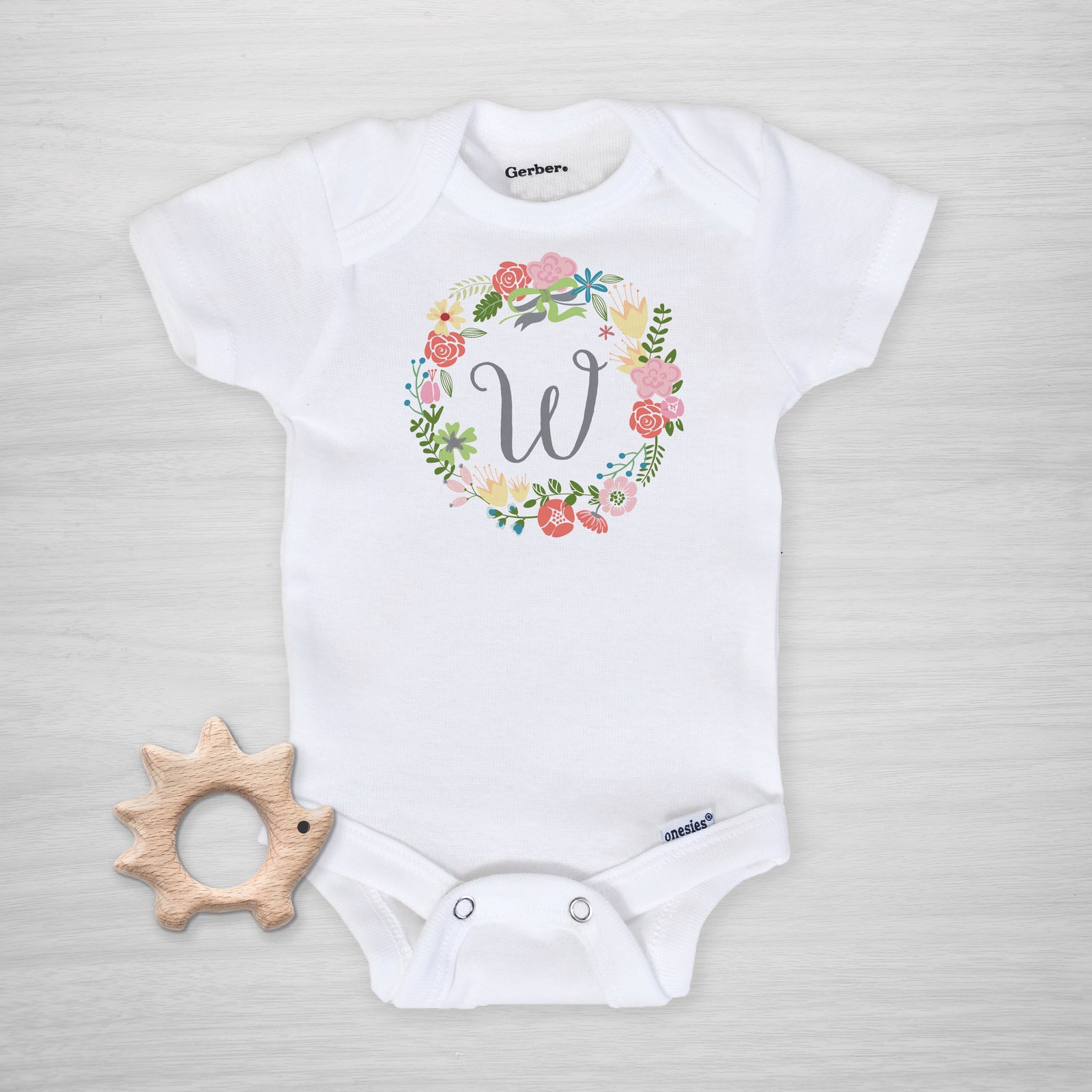 Wildflower Wreath Initial Personalized Gerber Onesie, short sleeved