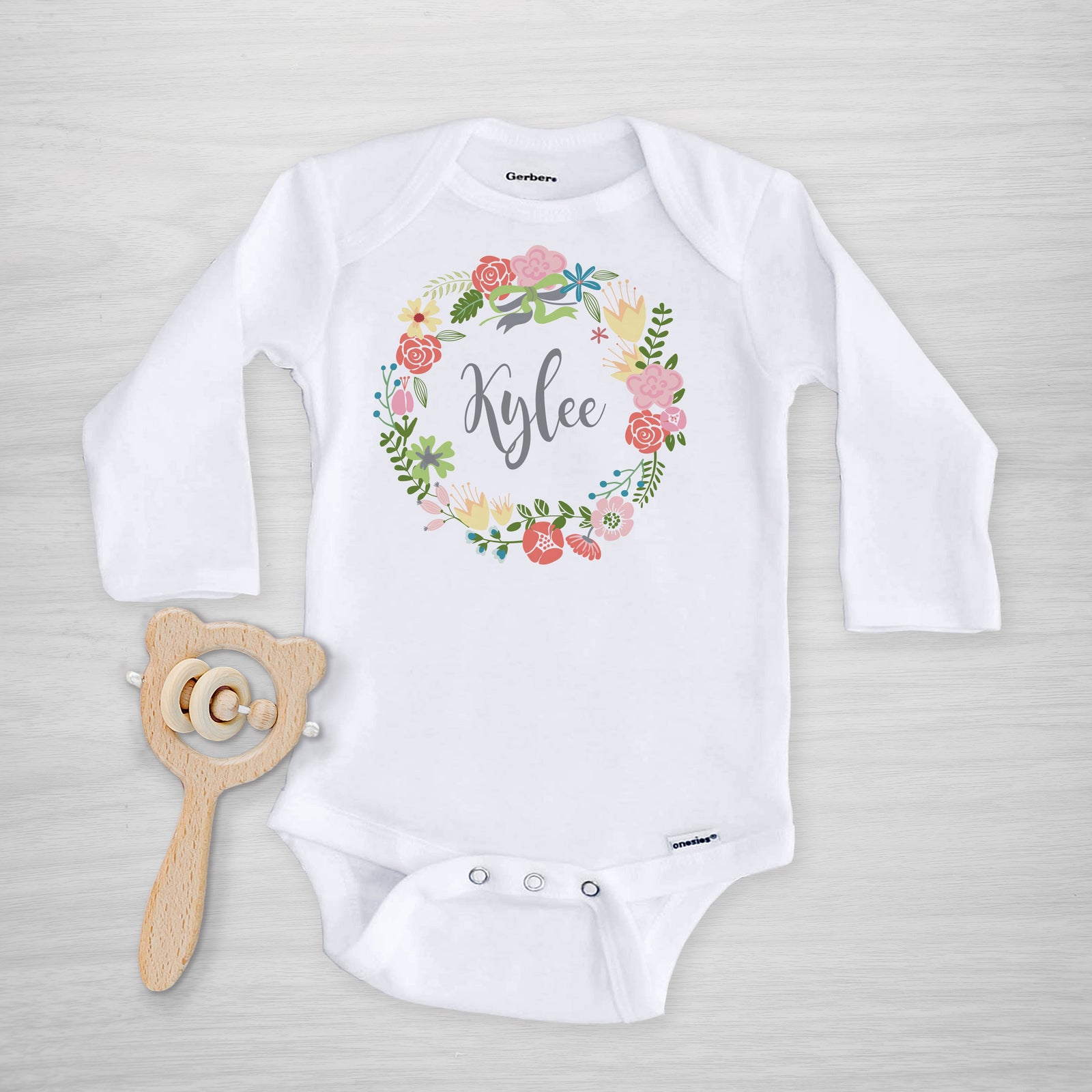 Wildflower Wreath Personalized Onesie, long sleeved