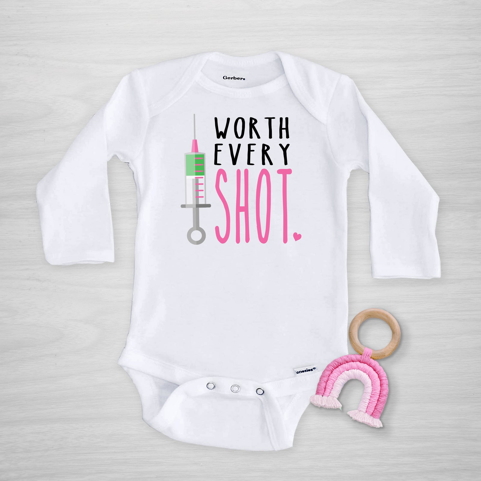 Worth Every Shot IVF Pink Onesie, long sleeved, pipsy.com