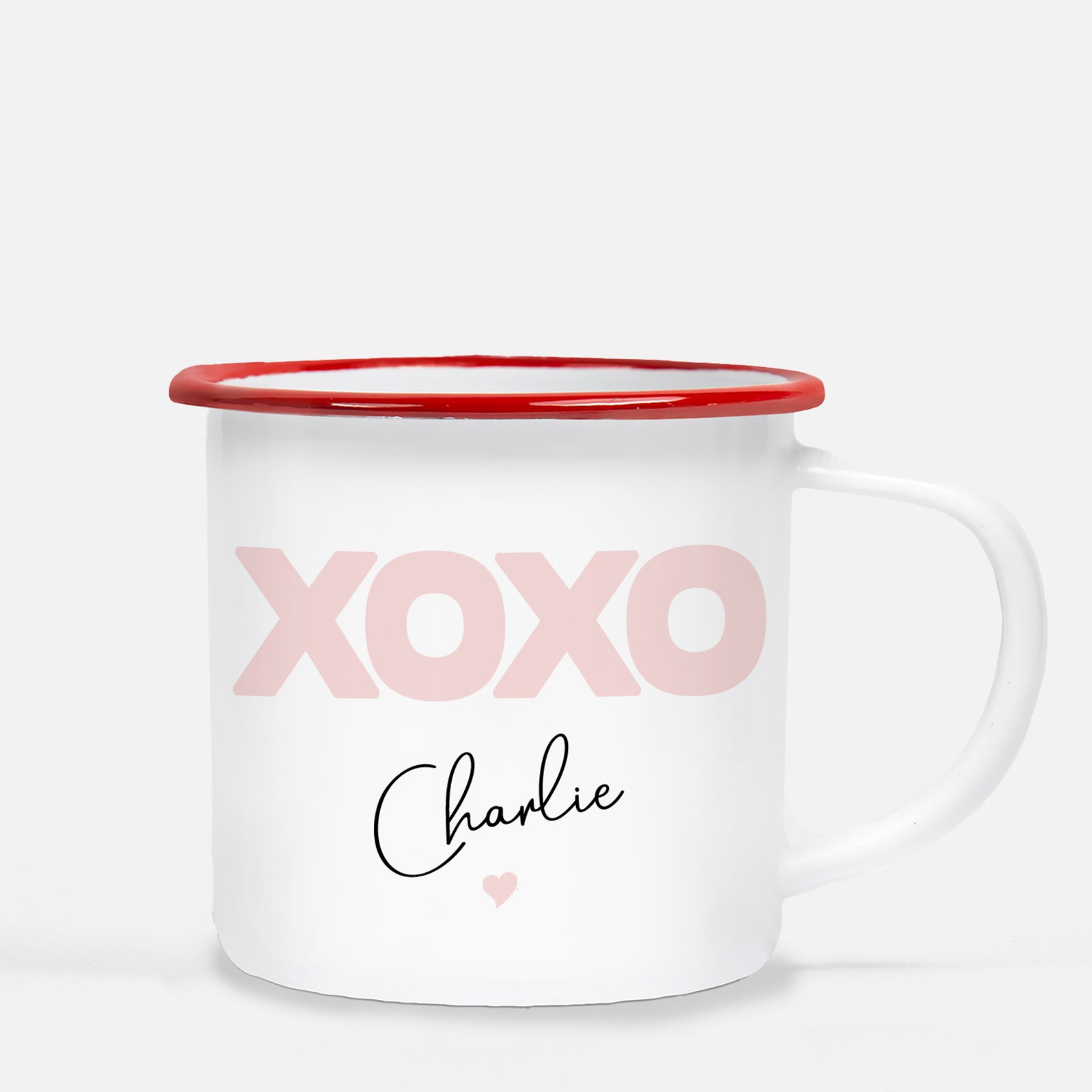 Personalized Kids metal camp mug, Valentine's Day, xoxo, hearts pink, Pipsy.com