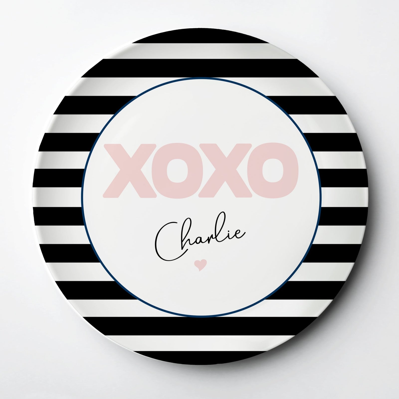 XOXO with black stripes personalized Valentine's day ThermoSāf® kids reusable plate, microwave, dishwasher and oven safe.  Made in the USA, Pipsy.com