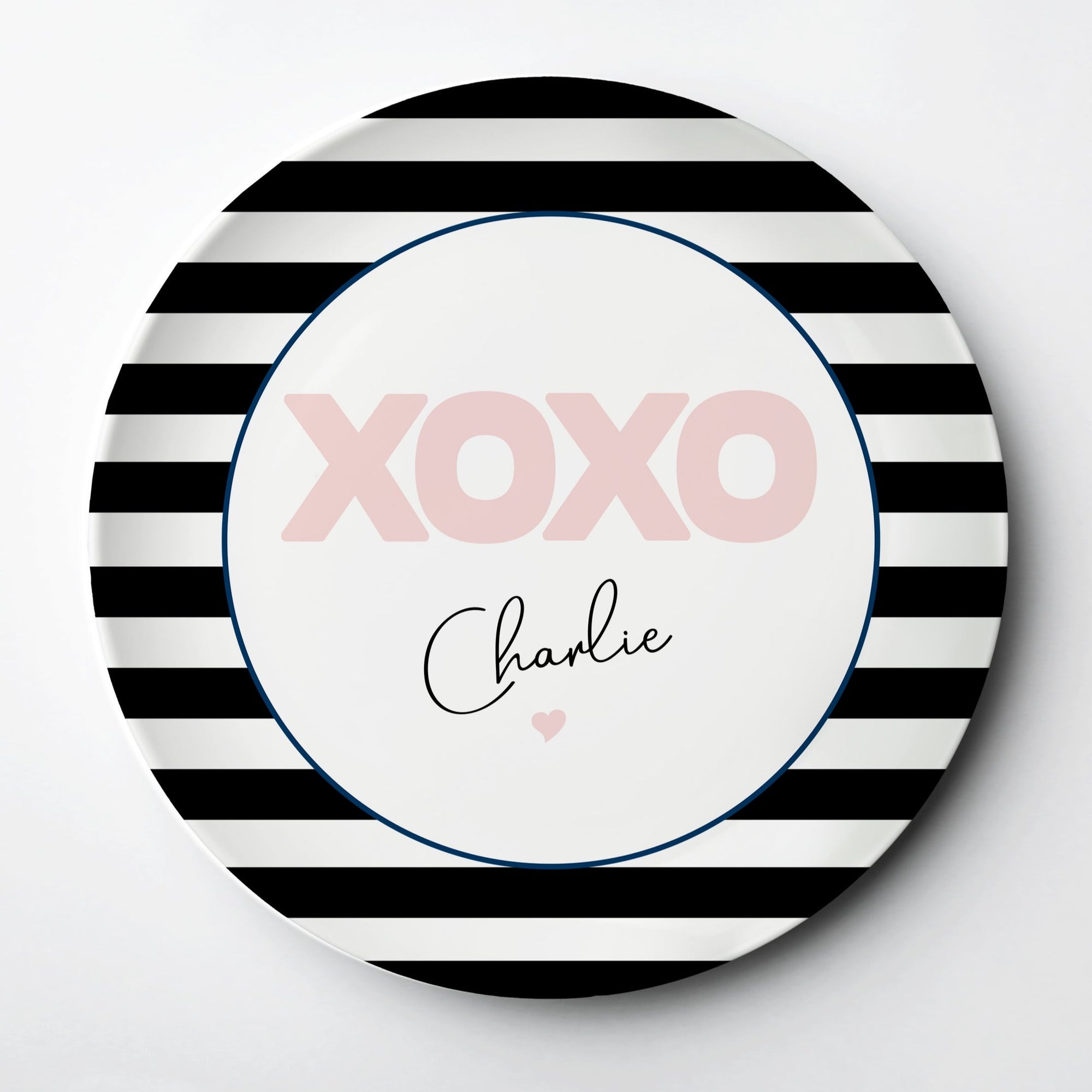 XOXO with black stripes personalized Valentine's day ThermoSāf® kids reusable plate, microwave, dishwasher and oven safe.  Made in the USA, Pipsy.com