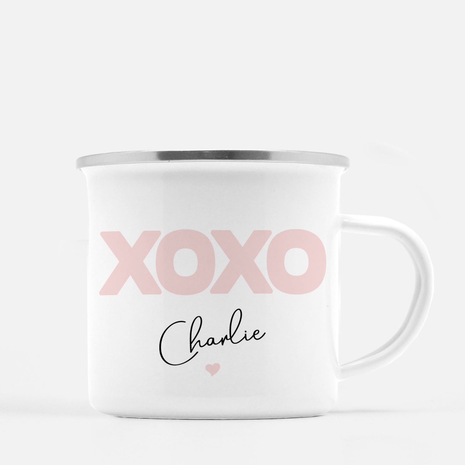 Personalized Kids metal camp mug, Valentine's Day, xoxo, hearts pink, Pipsy.com