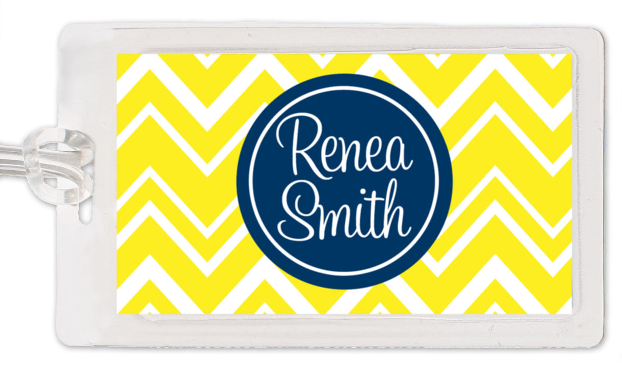 Yellow zigzag with navy medallion luggage tag